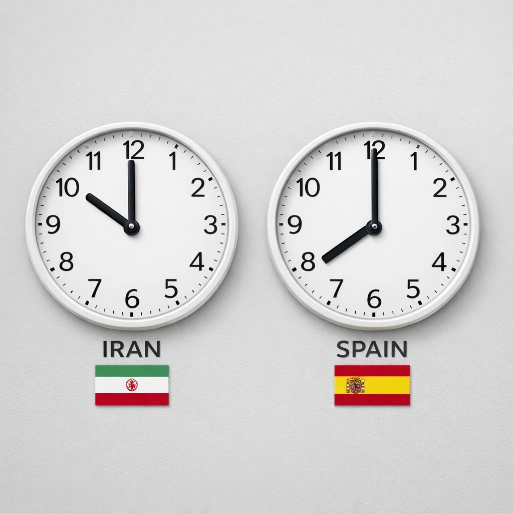 اختلاف ساعت ایران و اسپانیا